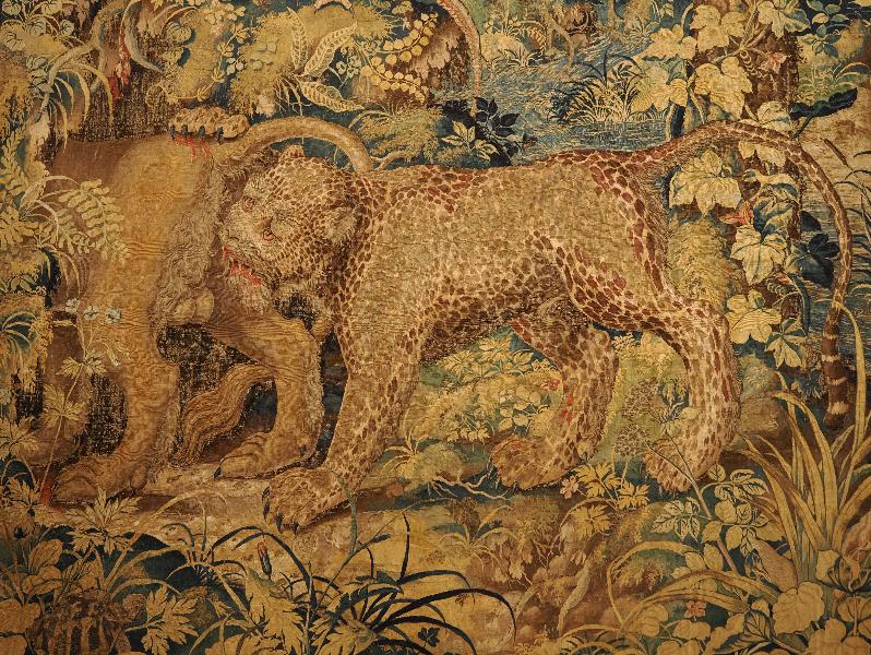 Isola Bella, Italy: Palazzo Borromeo, La Galleria degli Arazzi (The Tapestry Gallery): panther attacking a lion, detail (16th century Flemish)