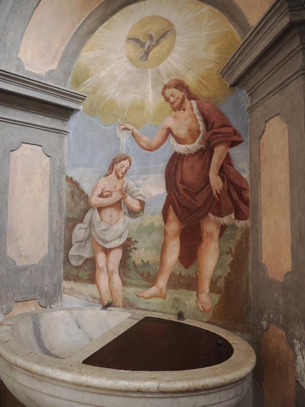 Pallanza, Italy: Church of San Leonardo: wall painting, baptism