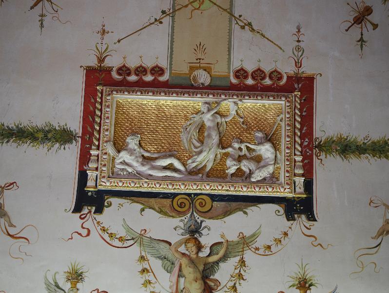 Tremezzina, Italy: Villa Carlotta, Views Room: Homage to Ceres (ca. 1910, Lodovico Pogliaghi), detail, reclining male figure holding an oar gazing at a dancer with a drum
