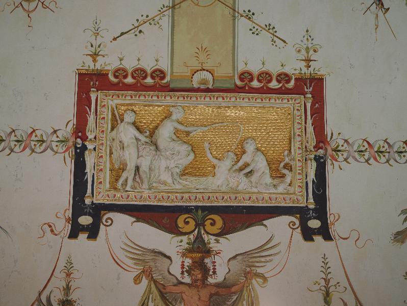 Tremezzina, Italy: Villa Carlotta, Views Room: Homage to Ceres (ca. 1910, Lodovico Pogliaghi), detail, mythological scene showing female figure helping a mermaid (?) free herself from a male figure