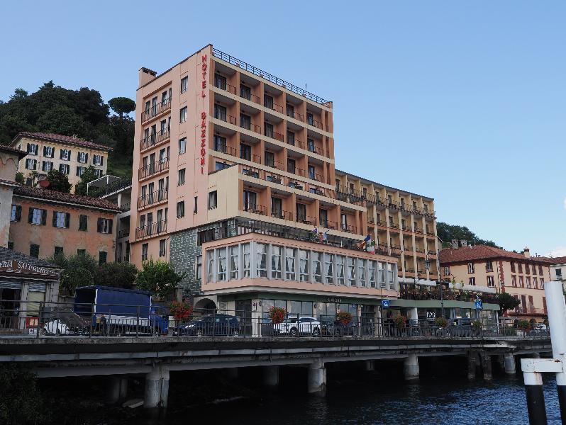 Lake Como, Italy: view of Hotel Bazzoni (1951), Tremezzo, from ferry