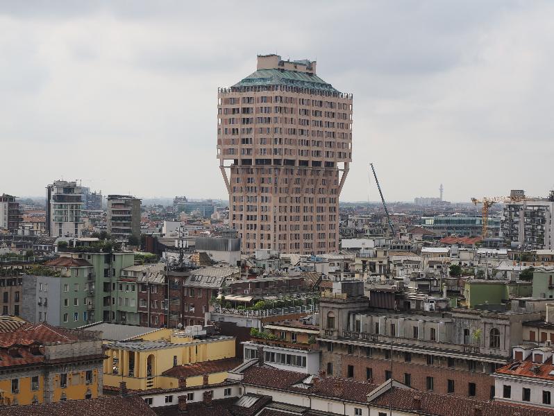 Milan, Italy: Duomo di Milano: view of Torre Velasca (Velasca Tower) (1956-1958, BBPR)