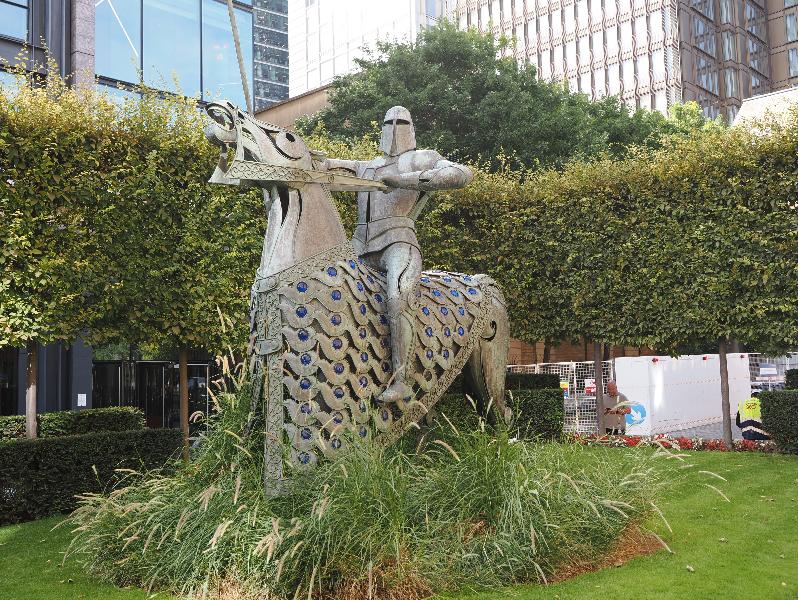 London, England: Devonshire Square: The Knight of the Cnihtengild Statue (1990, Denys Mitchell)