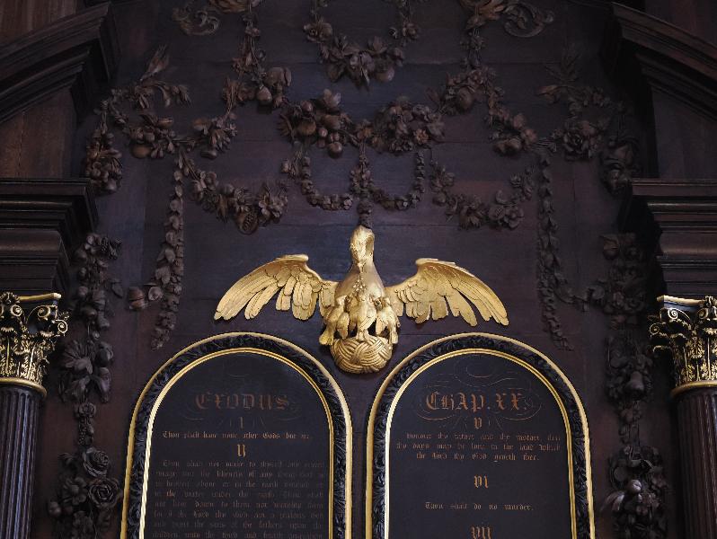 London, England: St Mary Abchurch: The Pelican in her Piety (Grinling Gibbons)