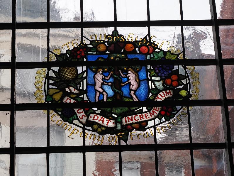 London, England: St Mary Abchurch: Fruiterers window, Adam and Eve (1976, Lawrence Stanley Lee)