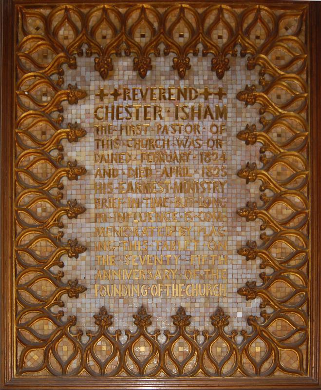 Isham Memorial Tablet:  tablet with metalized relief work, inlaid with glass