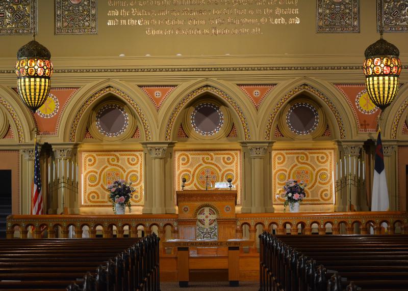 mosaic and tilework on pulpit, chancel rail and sedilia