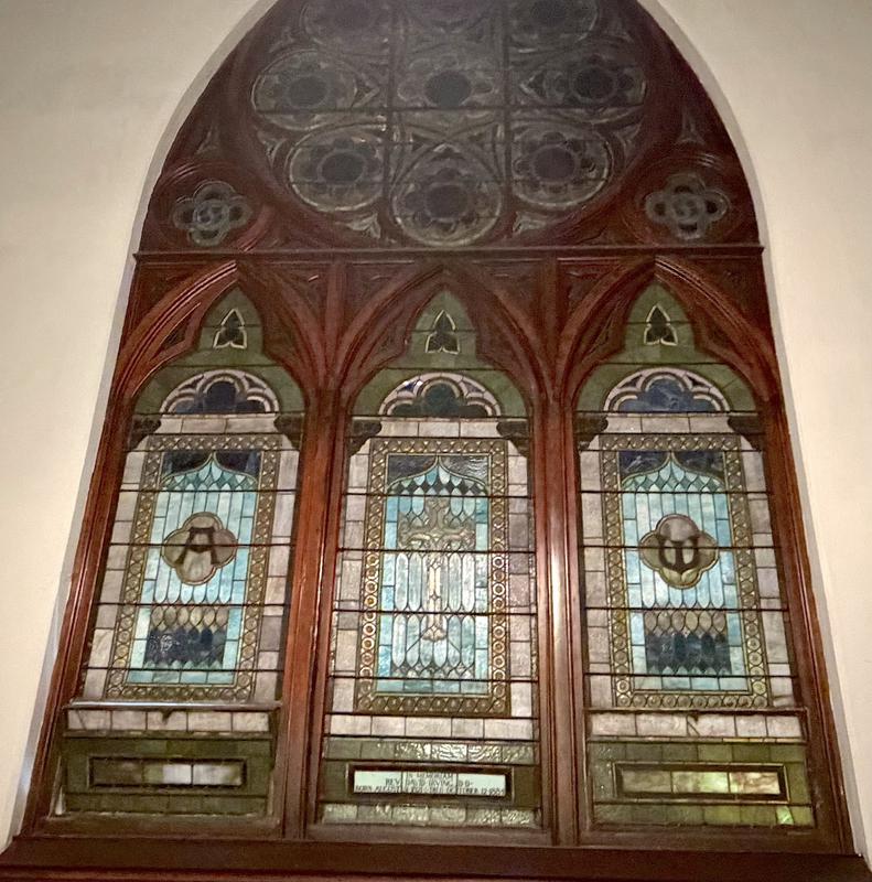 Irving Memorial Window:  Symbols of the Cross and Alpha and Omega