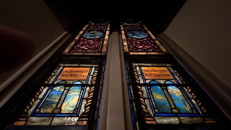 Britton Memorial Window:  medallions expressive of the command and of the reward of labor