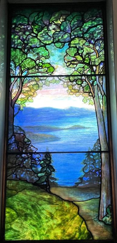 Defrees Memorial Window:  landscape with trees, mountains and water