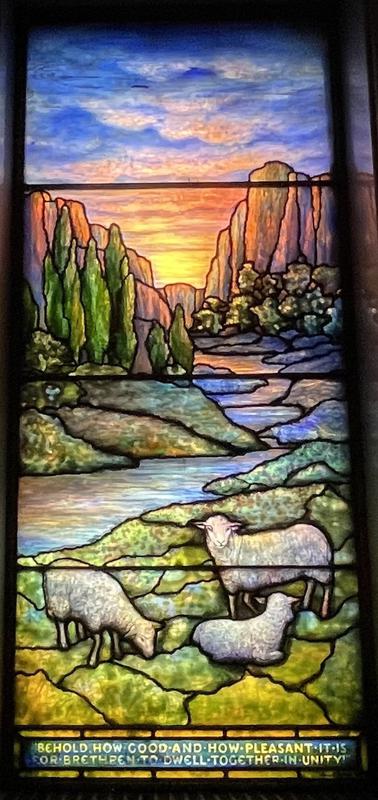 Silberman Memorial Window:  landscape with mountains, cypress trees and sheep