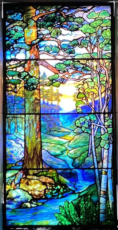 Wolf - Silberman Memorial Window:  landscape with forest, mountains and stream
