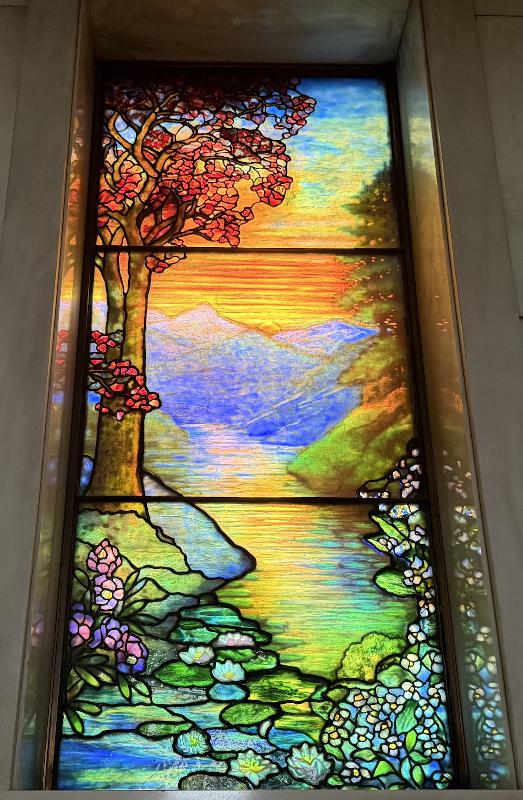 Bamberger Memorial Window:  landscape with tree at left, mountains and water