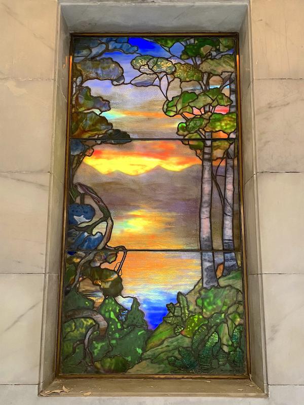 Frank W. Porter Memorial Window:  landscape with vine at left, two birch trees at right, mountains