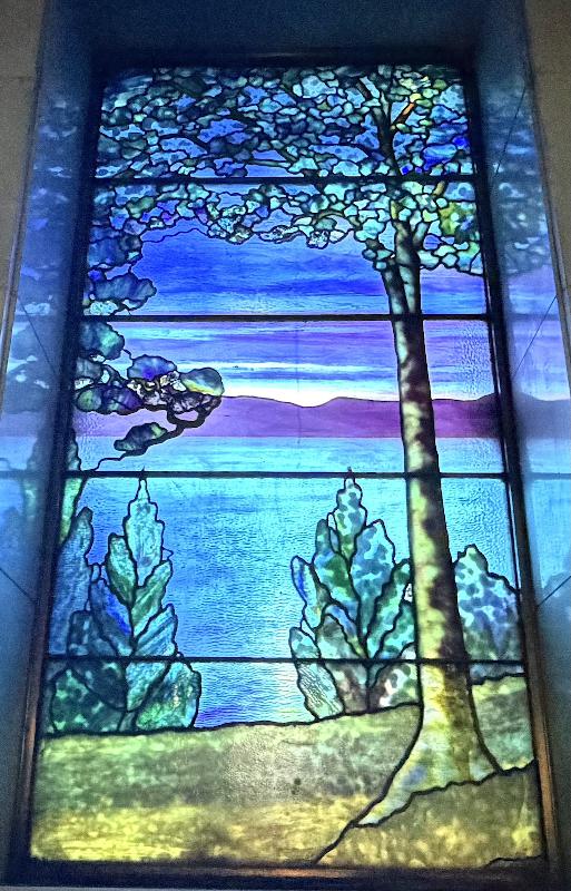 Hirst Memorial Window:  landscape with trees, mountains and lake