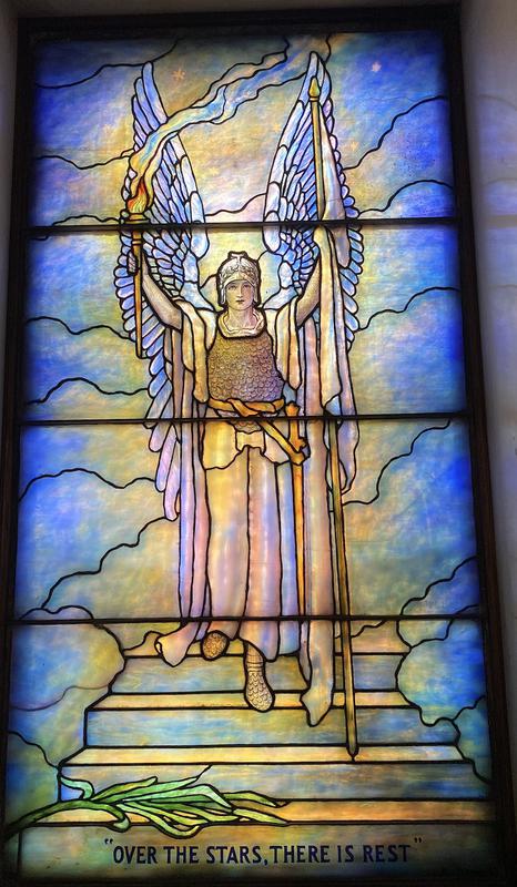 Florsheim Memorial Window:  archangel with torch and flag