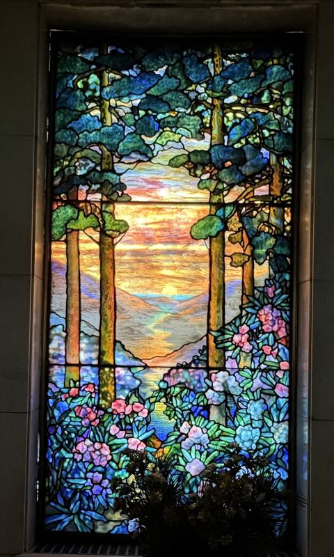 R.L. Williams Memorial Window:  landscape with trees, mountains and azaleas