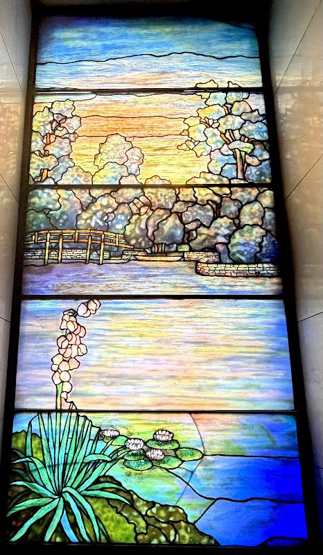 Taylor Memorial Window:  landscape with bridge, pond and waterlilies