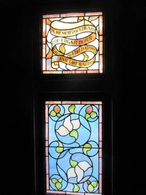 Edgar Memorial Window:  ornamental window, multi-color Rose of Sharon pattern