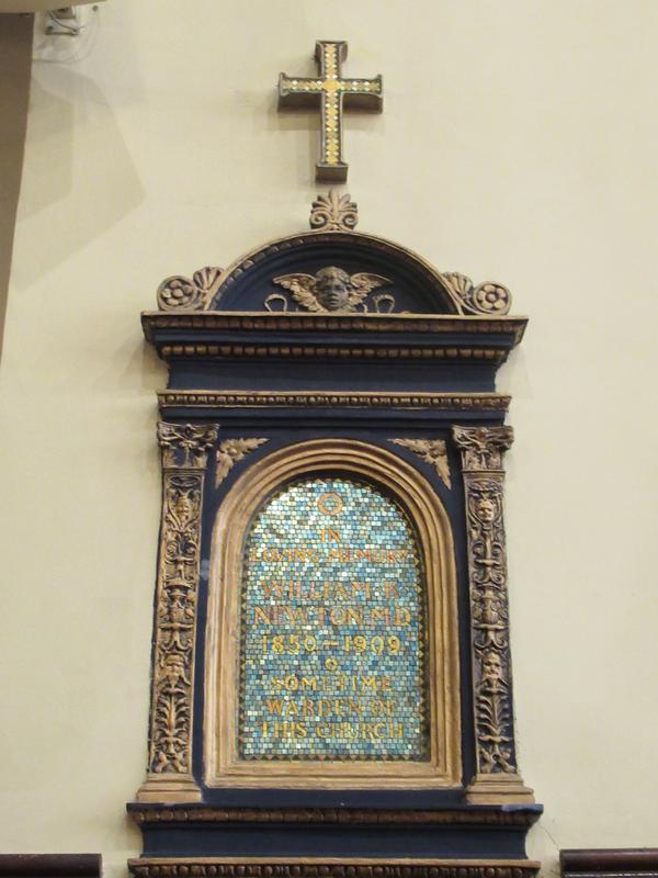 Newton Memorial Tablet:  tablet with blue lustre favrile glass with inscription in gold mosaic