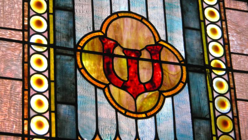 Irving Memorial Window:  Symbols of the Cross and Alpha and Omega