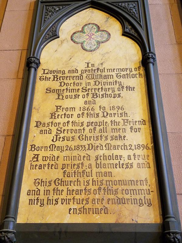 Tatlock Memorial Tablet:  marble tablet in bronze frame with mosaic quatrefoil at the top