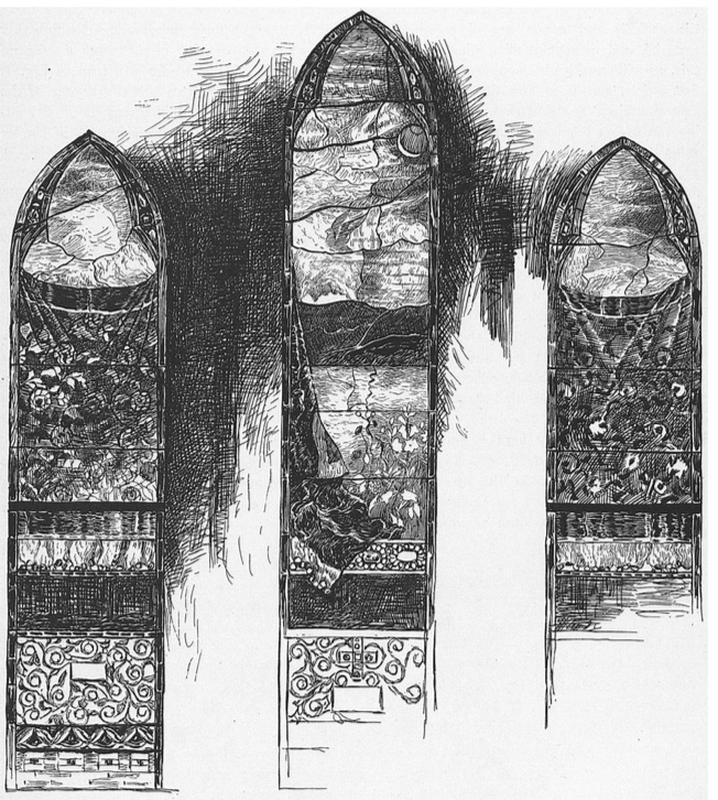 Howell Memorial Window:  curtains with flowered designs, and a clouded sunset sky