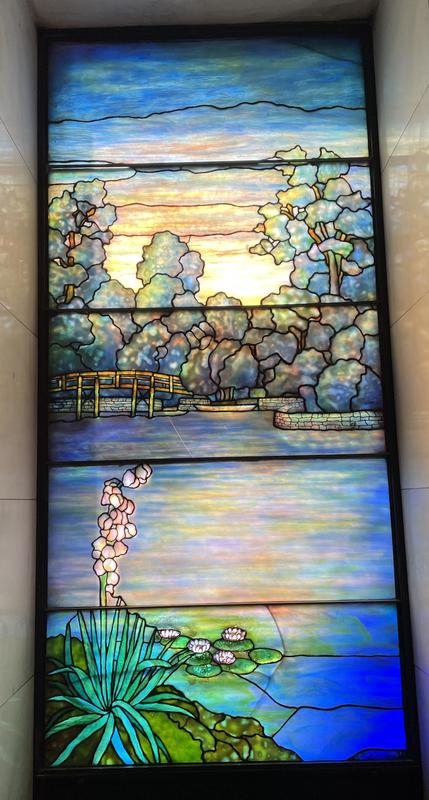 Taylor Memorial Window:  landscape with bridge, pond and waterlilies