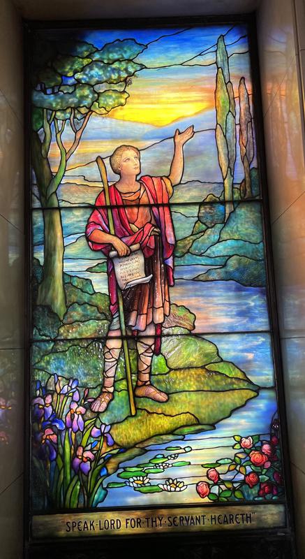 S.J.T. Straus Memorial Window:  male biblical figure standing by river