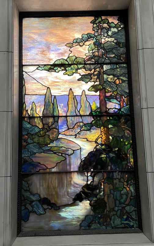 Sears Memorial Window:  landscape with conifers and water