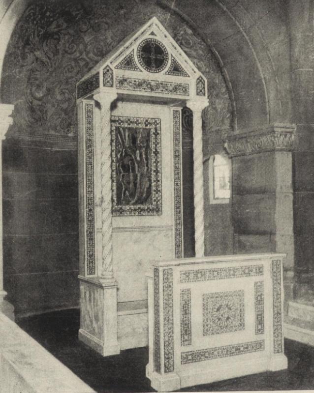 marble bishop's chair inlaid with glass mosaic