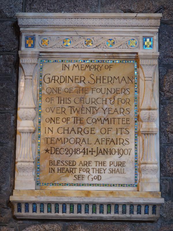 Sherman Memorial Tablet:  marble inlaid with mosaic of blue and gold