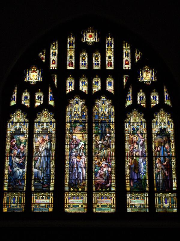 Ensign Memorial Window:  Christ Raising Jairus' Daughter, The Good Samaritan, John the Baptist Preaching