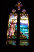 New Jersey, Elizabeth, St. John's Episcopal Church: Levey Memorial Window:  woman gazing across a rippling blue and green lake