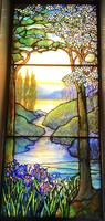 Illinois, Chicago, Rosehill Cemetery, Community Mausoleum: Howes Memorial Window:  landscape with conifer at left and dogwood at right, water and irises