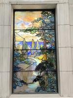 Illinois, Chicago, Rosehill Cemetery, Community Mausoleum: Sears Memorial Window:  landscape with conifers and water