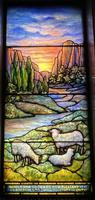 Illinois, Chicago, Rosehill Cemetery, Community Mausoleum: Silberman Memorial Window:  landscape with mountains, cypress trees and sheep