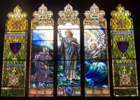 Texas, San Juan, Gelman Stained Glass Museum: Brown Memorial Window:  Christ and a Traveler