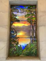 Illinois, Chicago, Rosehill Cemetery, Community Mausoleum: Frank W. Porter Memorial Window:  landscape with vine at left, two birch trees at right, mountains
