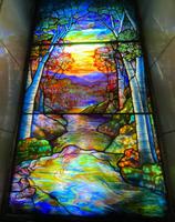 Illinois, Chicago, Rosehill Cemetery, Community Mausoleum: Straus Memorial Window:  landscape with birch trees, mountains, stream