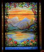 Illinois, Chicago, Rosehill Cemetery, Community Mausoleum: R.P. Moffott Memorial Window:  landscape with mountains, water, grapes and flowers