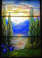 Illinois, Chicago, Rosehill Cemetery, Community Mausoleum: Thompson Memorial Window:  landscape with mountains, cypresses and irises