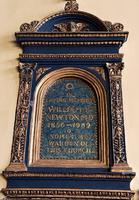Newton Memorial Tablet:  tablet with blue lustre favrile glass with inscription in gold mosaic