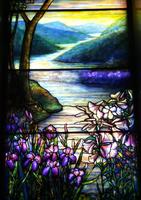 Illinois, Chicago, Rosehill Cemetery, Community Mausoleum: Vehon Memorial Window:  landscape with mountains, water, irises and lilies