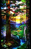 Illinois, Chicago, Rosehill Cemetery, Community Mausoleum: Wolf - Silberman Memorial Window:  landscape with forest, mountains and stream