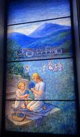 Illinois, Chicago, Rosehill Cemetery, Community Mausoleum: Benjamin J. Rosenthal Memorial Window:  figures on lawn in front of villa