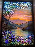Illinois, Chicago, Rosehill Cemetery, Community Mausoleum: Hills Memorial Window:  landcape with magnolia at left, mountains, water and irises