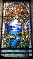 Illinois, Chicago, Rosehill Cemetery, Community Mausoleum: J. Rose Stern Memorial Window:  landscape with trees at left and right, mountains and water