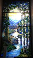 Illinois, Chicago, Rosehill Cemetery, Community Mausoleum: Schram Memorial Window:  landscape with conifers at left, birch trees at right, mountains and water