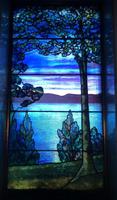 Illinois, Chicago, Rosehill Cemetery, Community Mausoleum: Hirst Memorial Window:  landscape with trees, mountains and lake